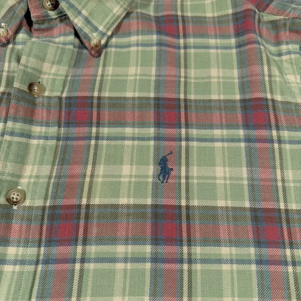 Polo Ralph Lauren Shirt Large Green Blue Button Down Plaid Classic Fit Mens
